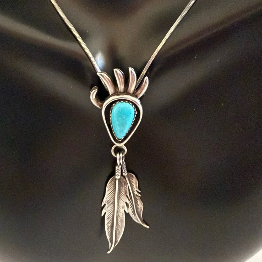 Native American Navajo SS Turquoise Bear Paw Feather Pendant by Francisco - Picture 1 of 6